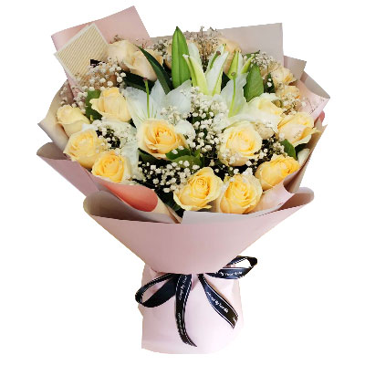 吉安17朵香槟玫瑰百合，爱不惧风雨